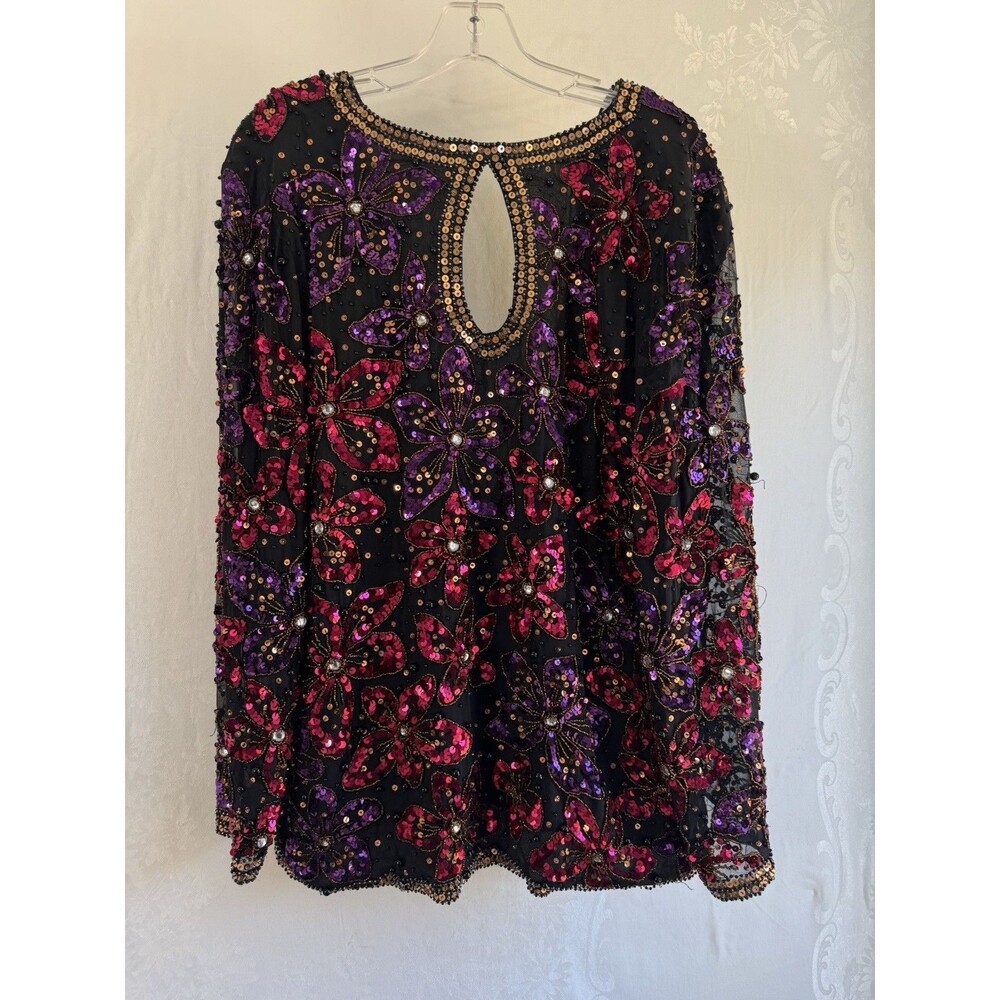 Black Tie Vintage Silk Sequin Pink Purple Floral Beaded  Evening Night Out Large